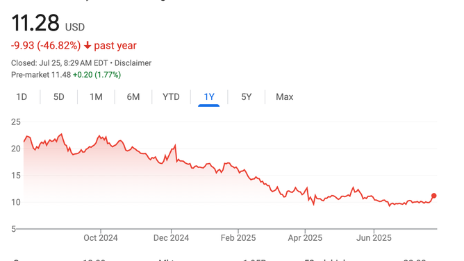 American Eagle's stock price has taken a serious hit over the past year. (Credit: Google Stock Chart)